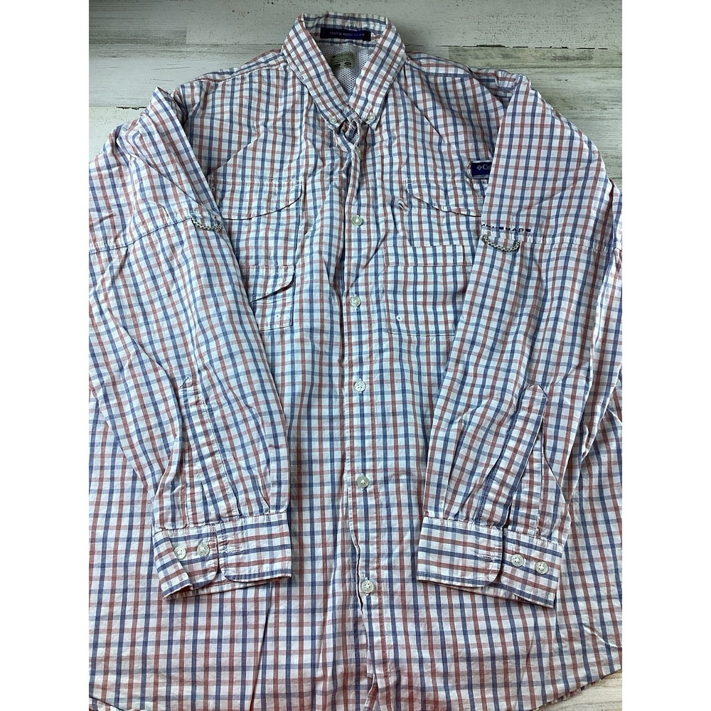 Columbia Super Bonehead Mens LS Sz XL Blue Red Plaid Vented Fishing Button Up